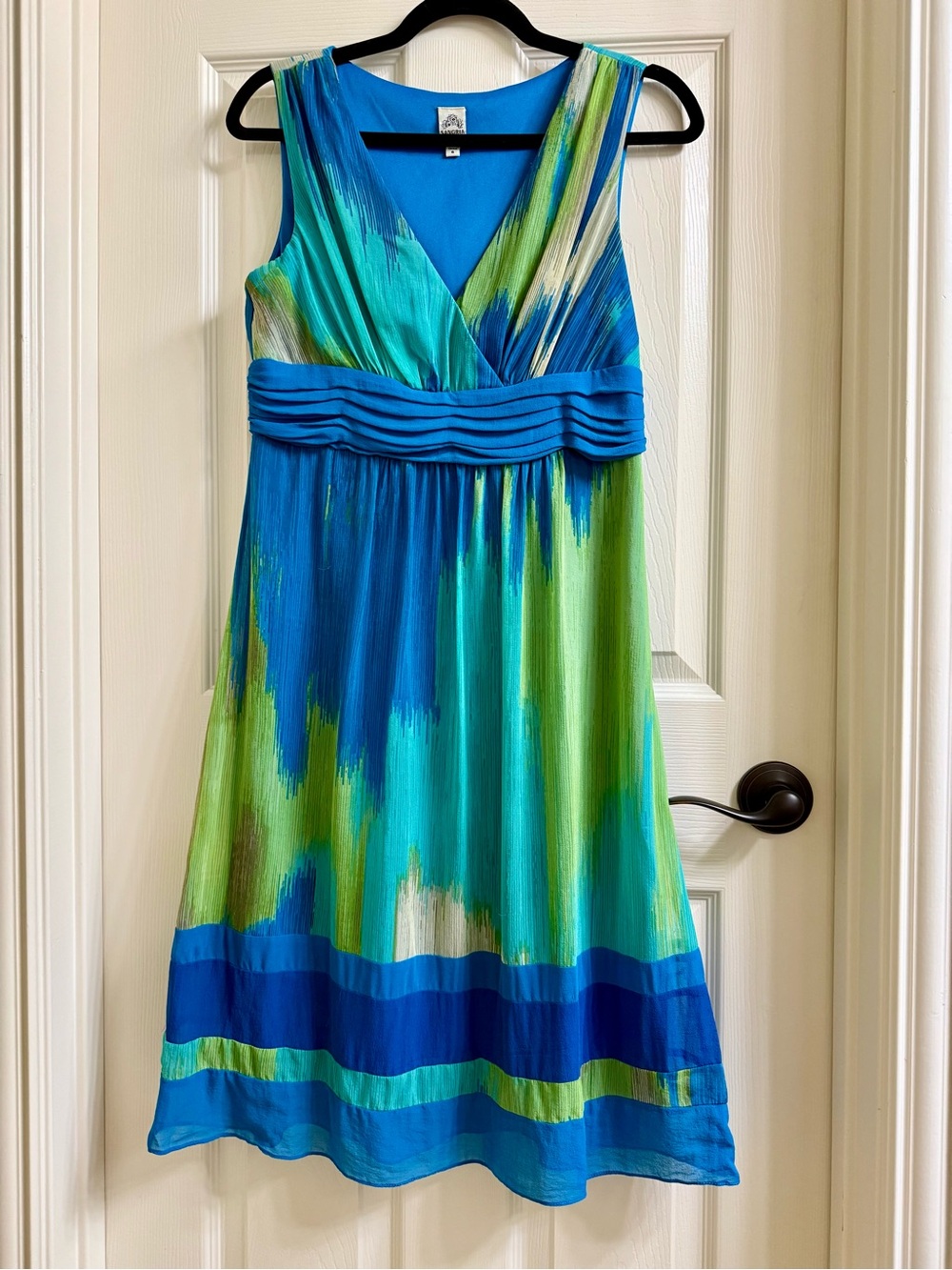 Signature by Sangria Blue, Teal & Green V-Neck Sleeveless Midi Silk Dress
